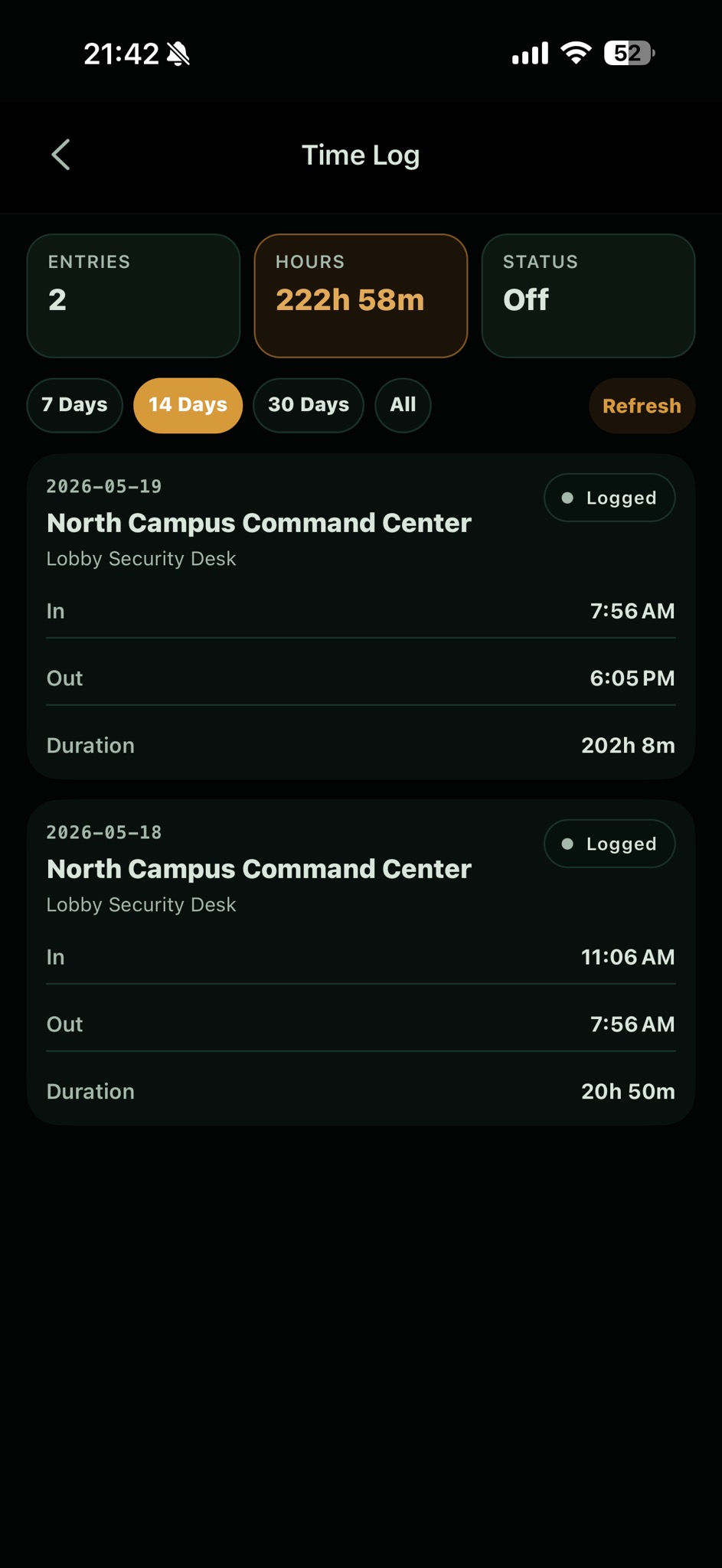 Arcova Field clock history on iPhone showing the clock-in and clock-out for the shift
