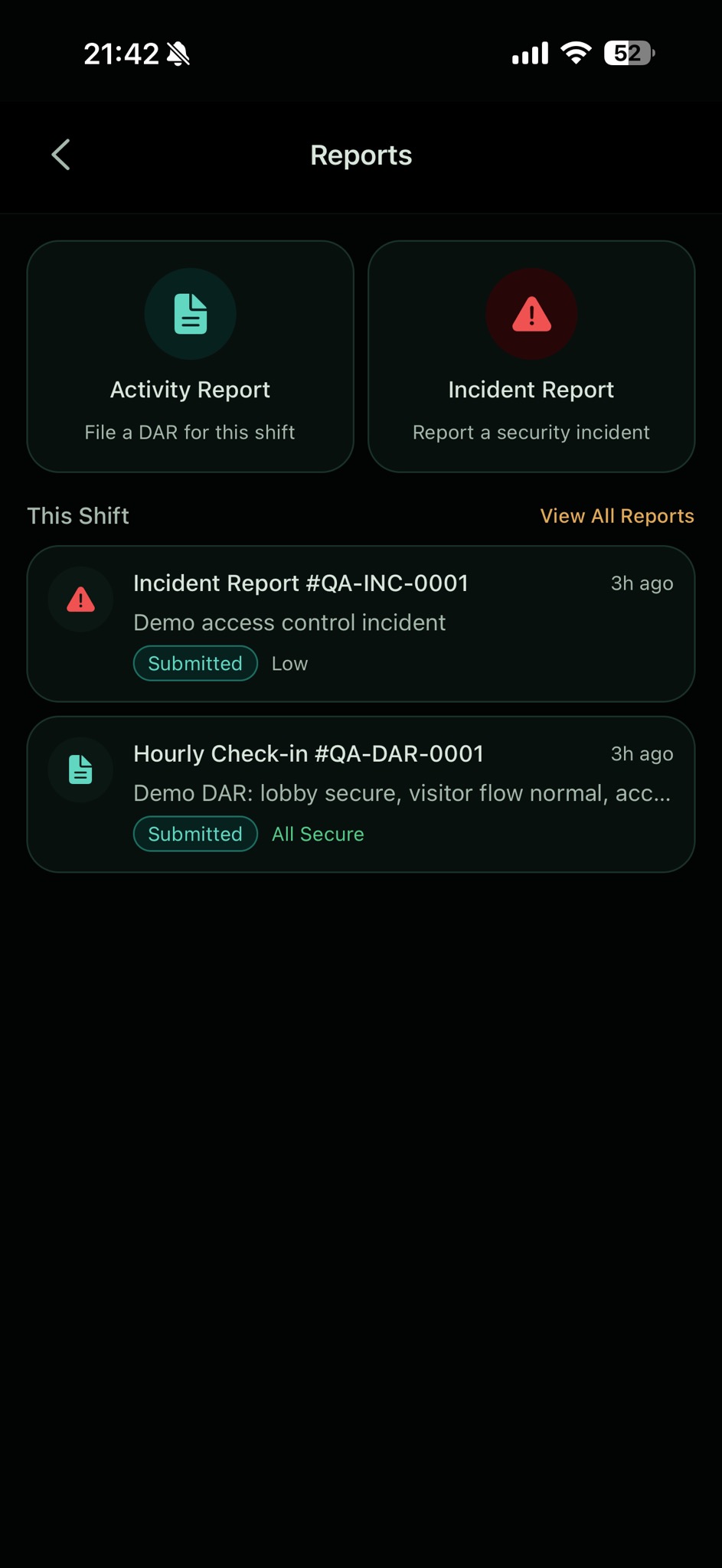 Arcova Field reports list on iPhone showing reports filed during the shift