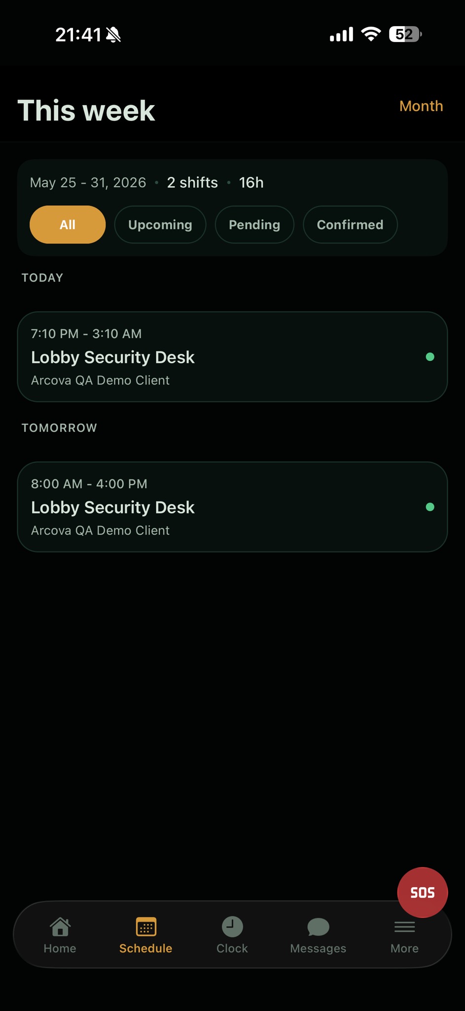 Arcova Field schedule list on iPhone showing upcoming assigned shifts