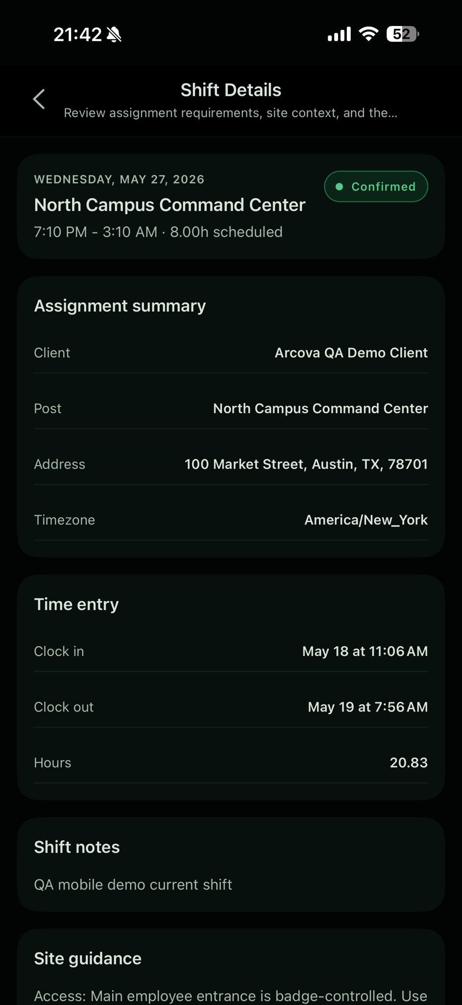 Arcova Field shift detail on iPhone showing site, post, and shift instructions