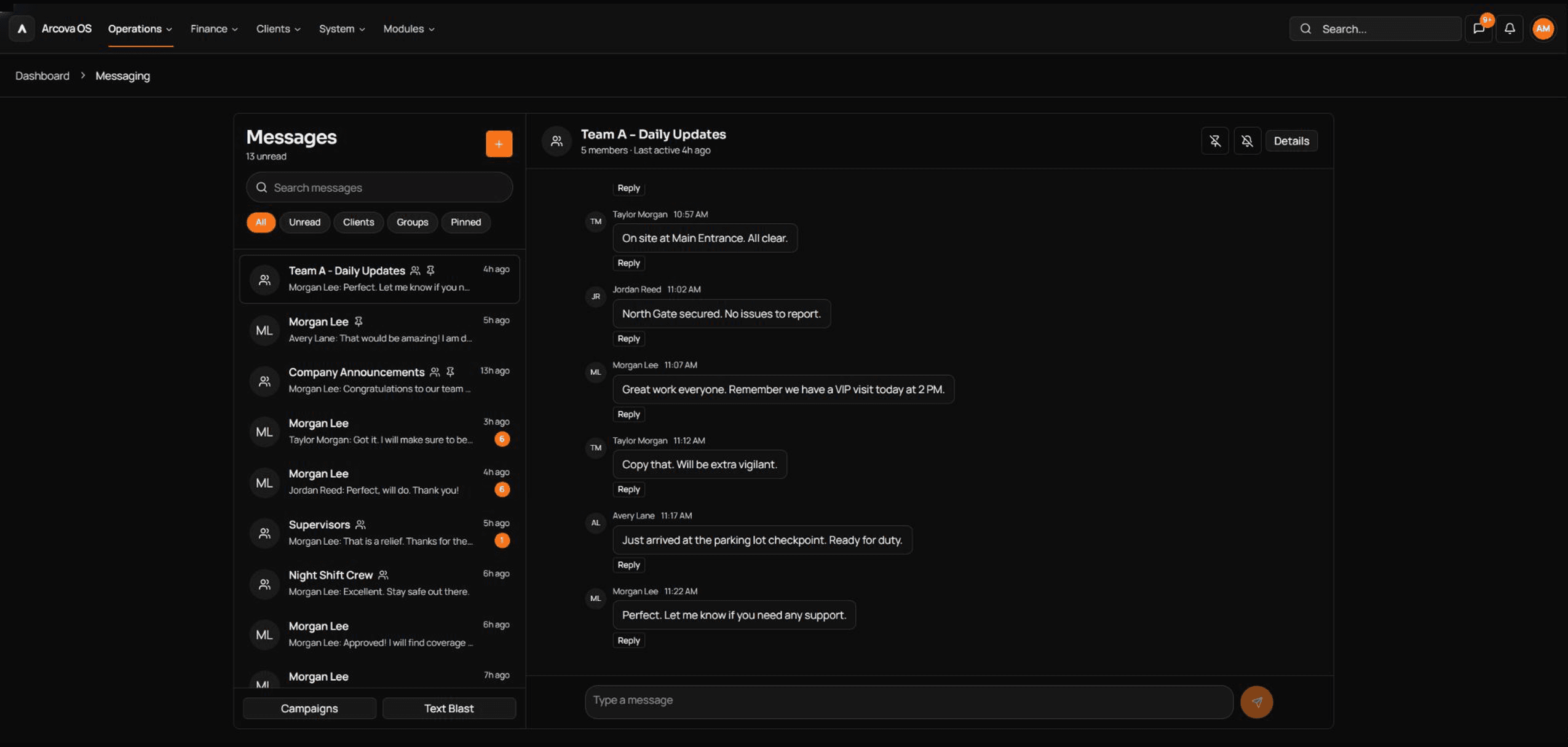 Arcova messaging workspace showing a shift conversation between a supervisor and the field