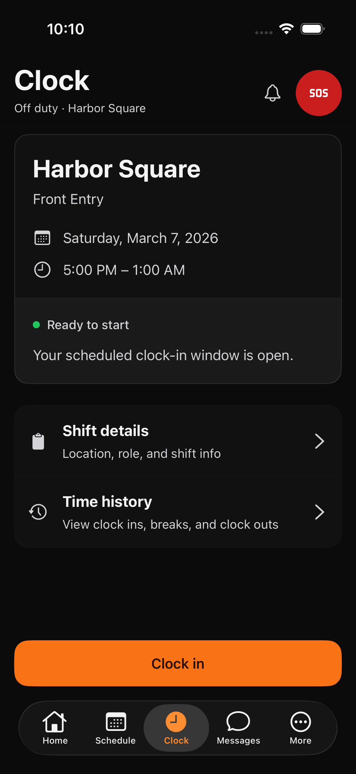 Arcova Field clock screen on iPhone showing an off-duty assignment ready to start and its Clock in action
