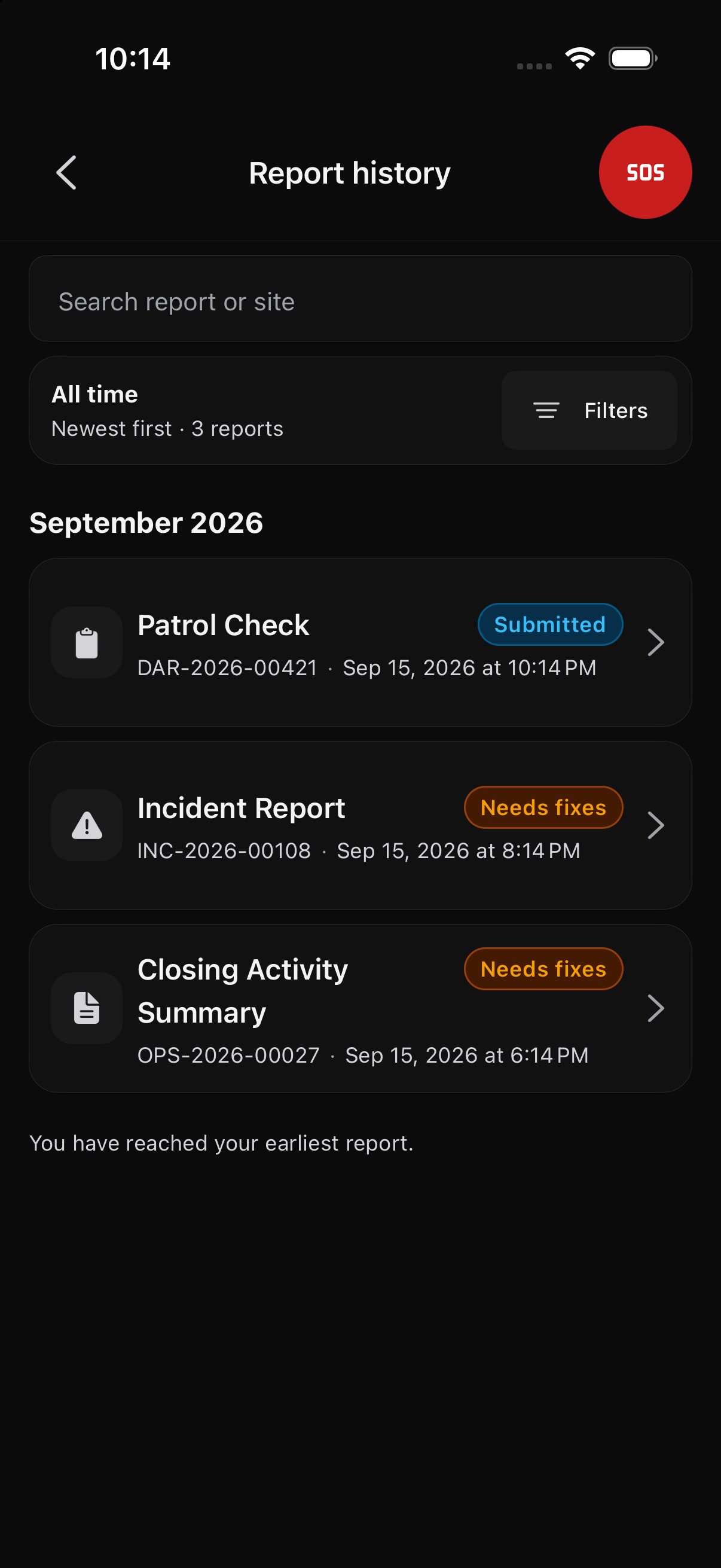 Arcova Field report history on iPhone showing submitted reports and a report that needs fixes