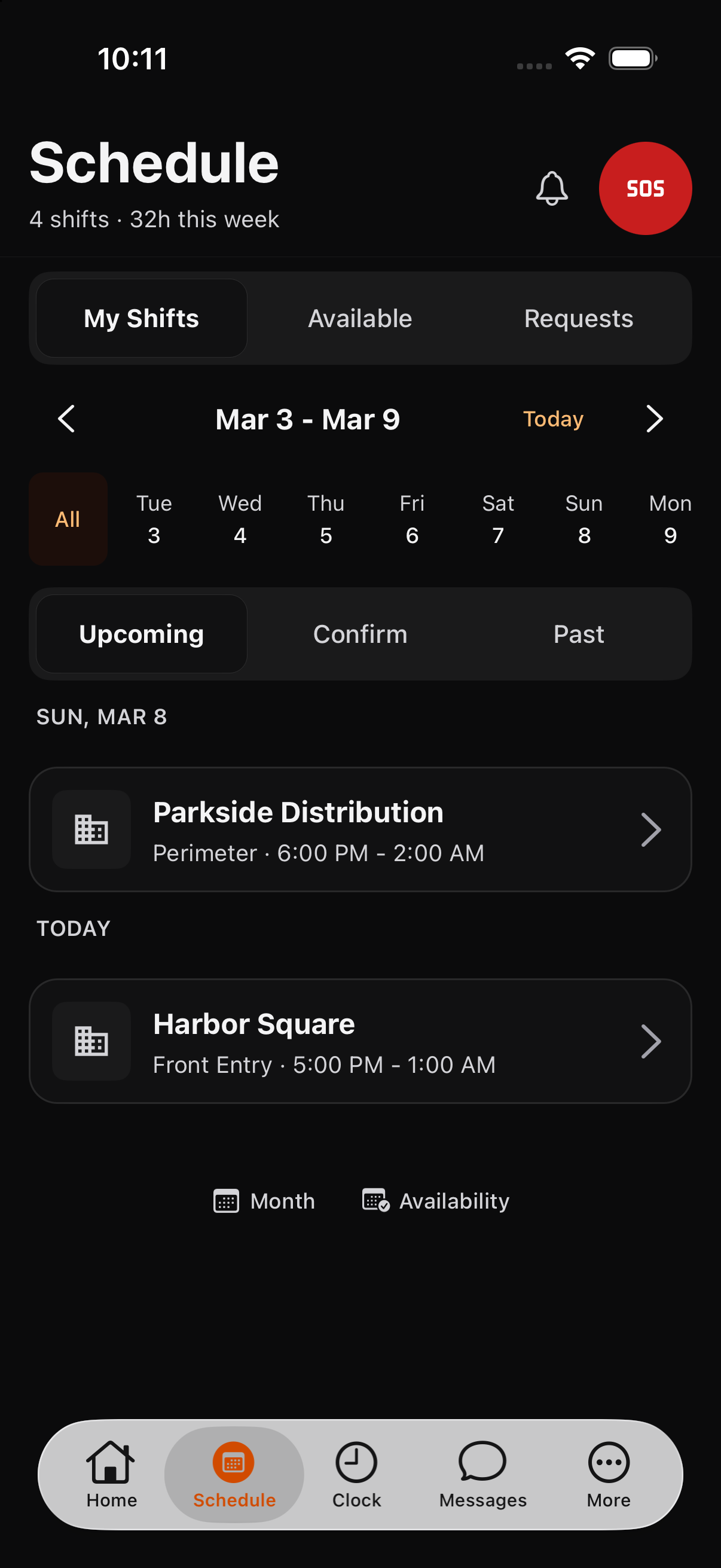 Arcova Field schedule list on iPhone showing upcoming assigned shifts