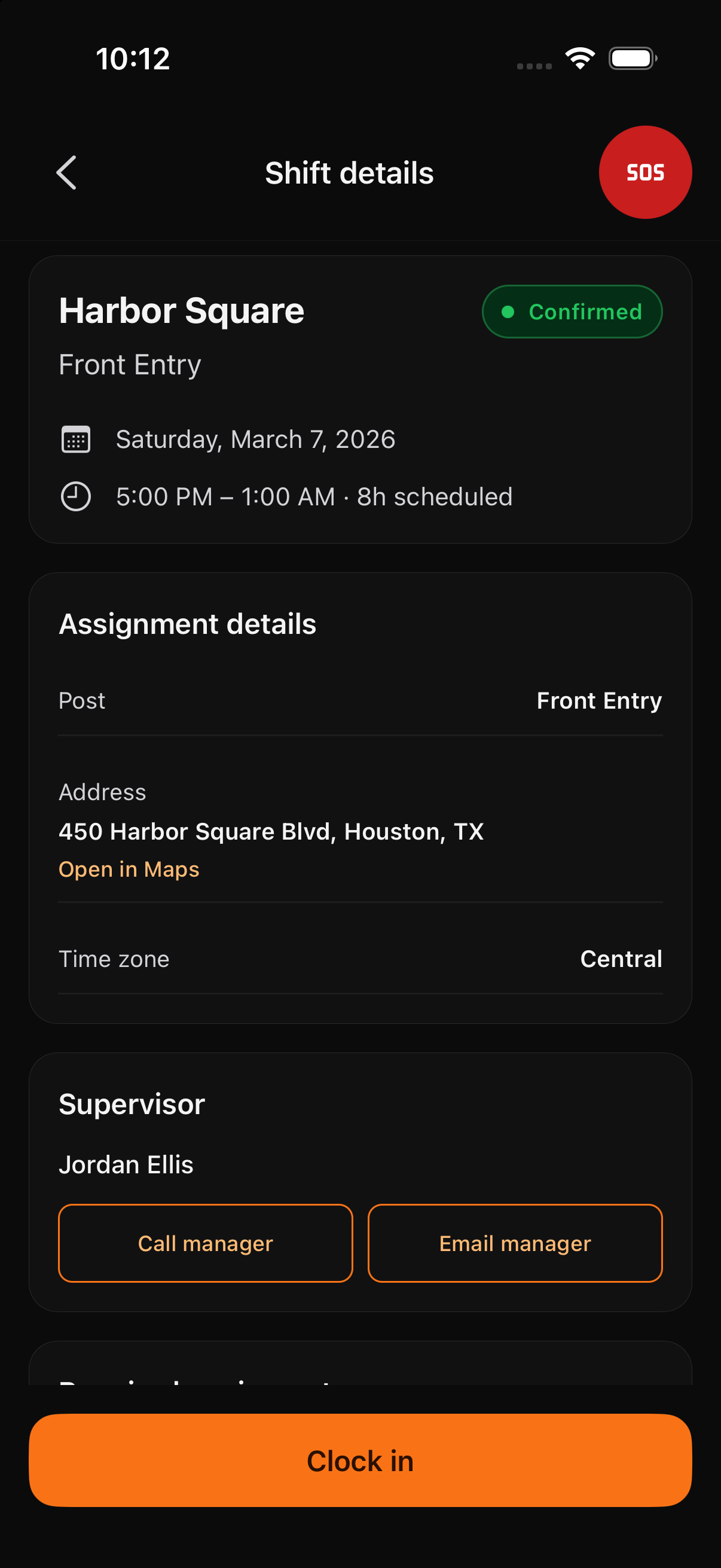 Arcova Field shift details on iPhone showing the assigned site, post, time, address, and supervisor