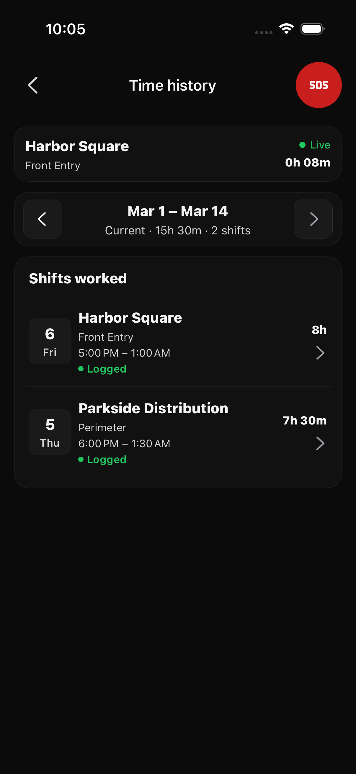 Arcova Field time history on iPhone showing the recorded work time for the pay period